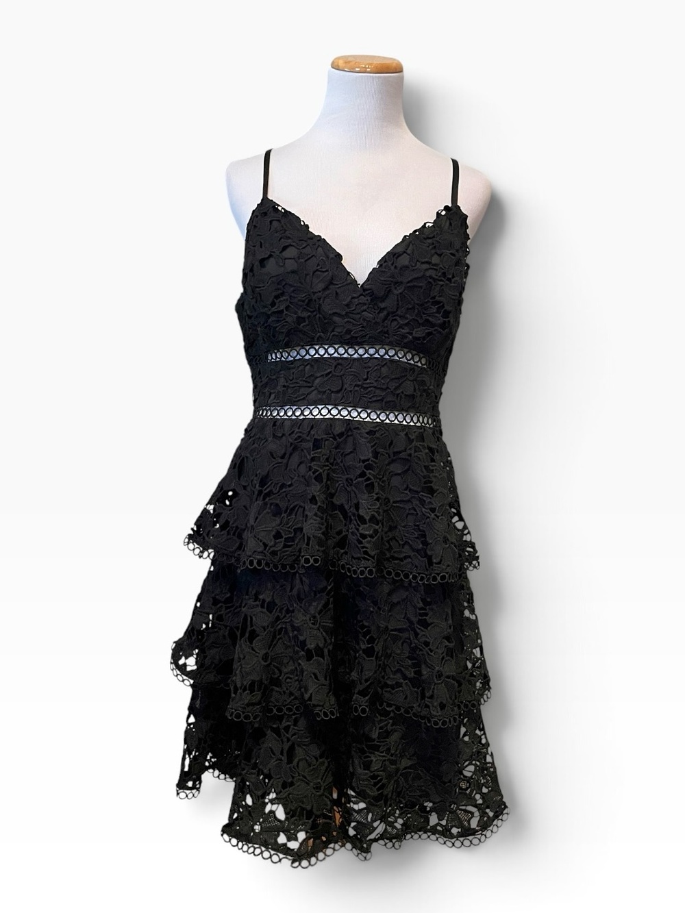 Bombshell Black Lace Cutout Tiered Ruffle Party Dress Small-Medium